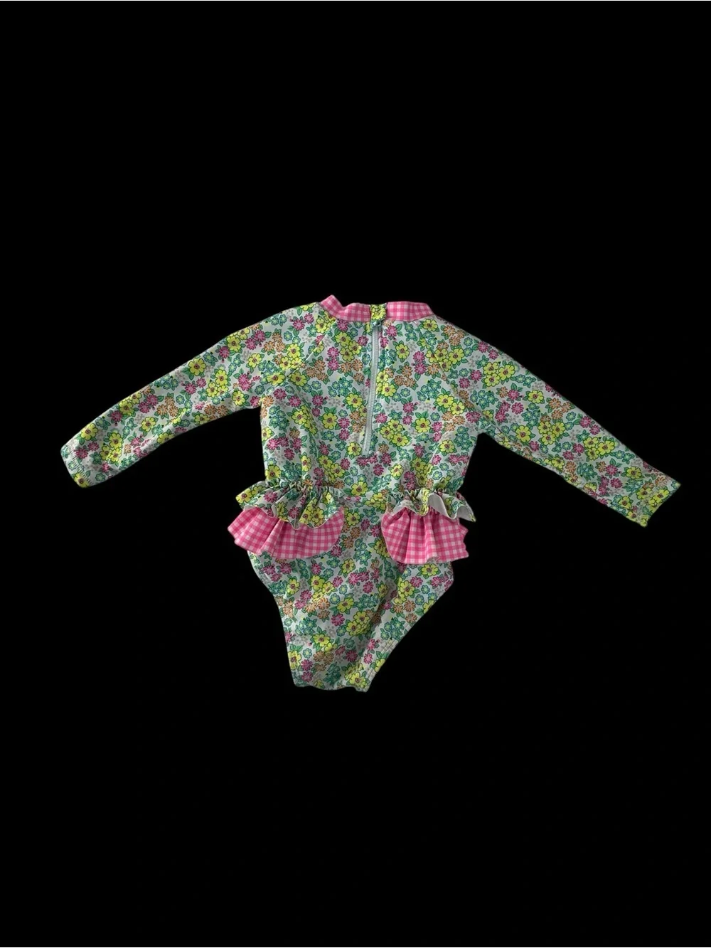 Nicole Miller Floral Long-Sleeve One-Piece Swimsuit with Pink Gingham Ruffles